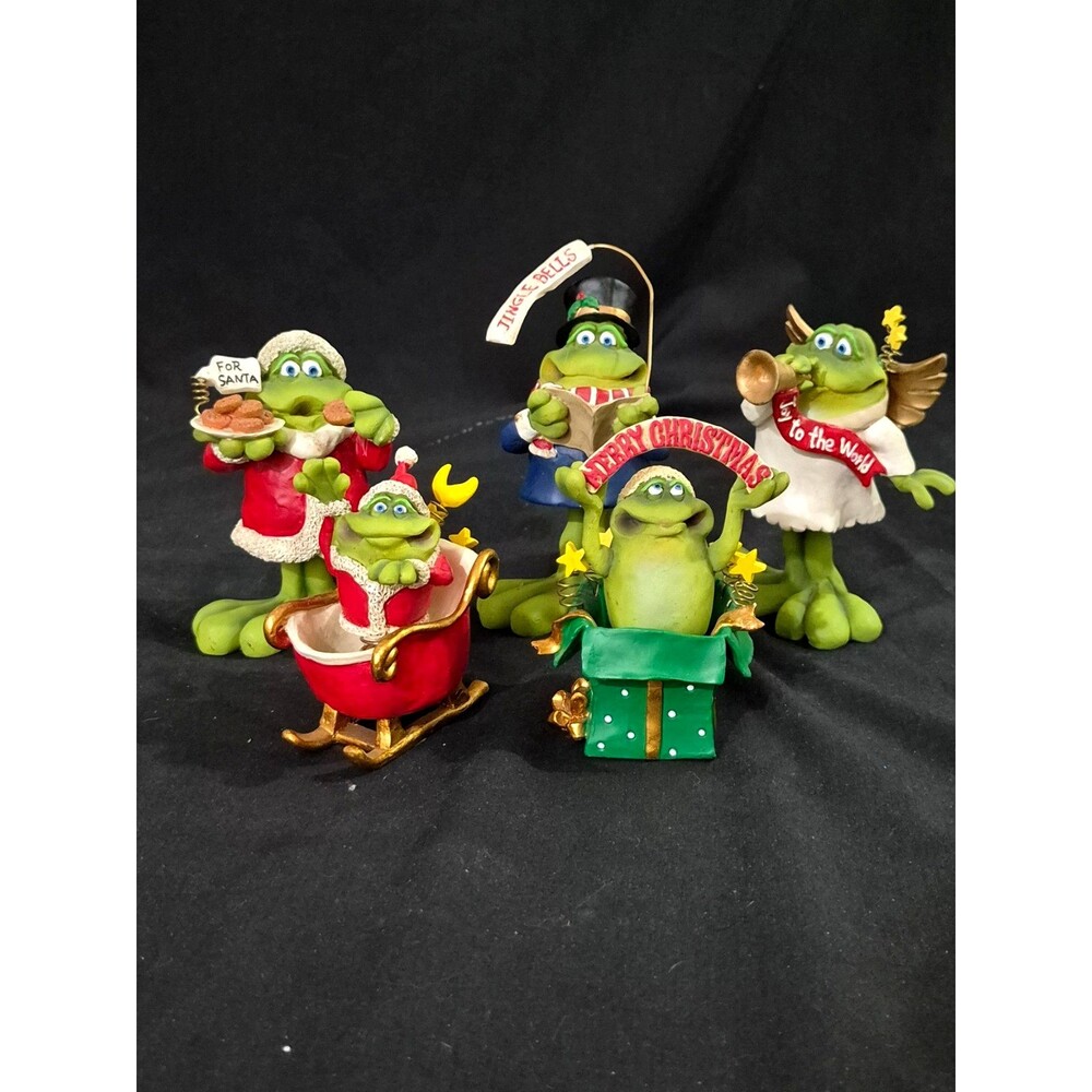 Vintage Russ Berrie "Douglas" Christmas Frog Nodder Figurines Set Of 5